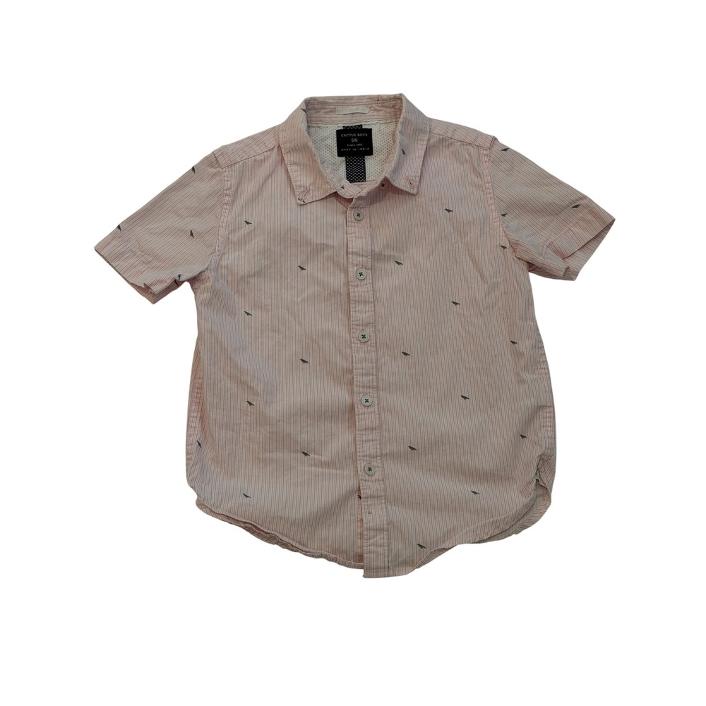 Cactus Boys Pink White Striped Bird Print Short Sleeve Button Down Shirt 5/6